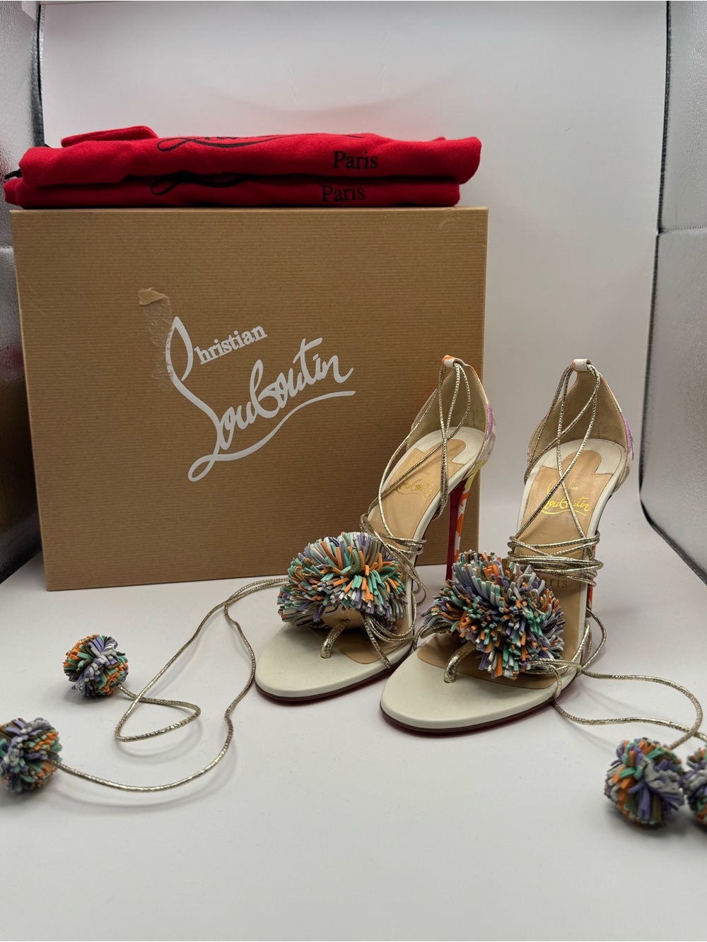 Christian Louboutin Pom Pom Lace-Up Sandals Size 36.5